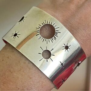 Sterling Silver Sunburst Cutout Cuff Bracelet - Substantial Shiny Silver